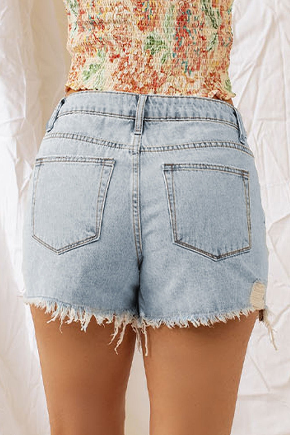 Light Blue Distressed Washed Raw Hem Denim Shorts - Hero 'n Siren