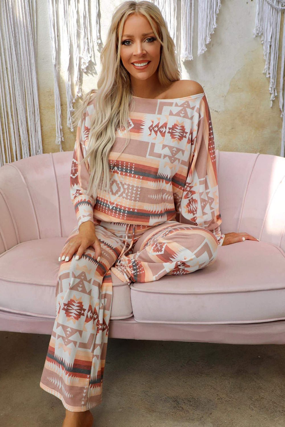 Multicolour Geometric Print Puff Sleeve Pullover and Pants Lounge Outfit - Hero 'n Siren