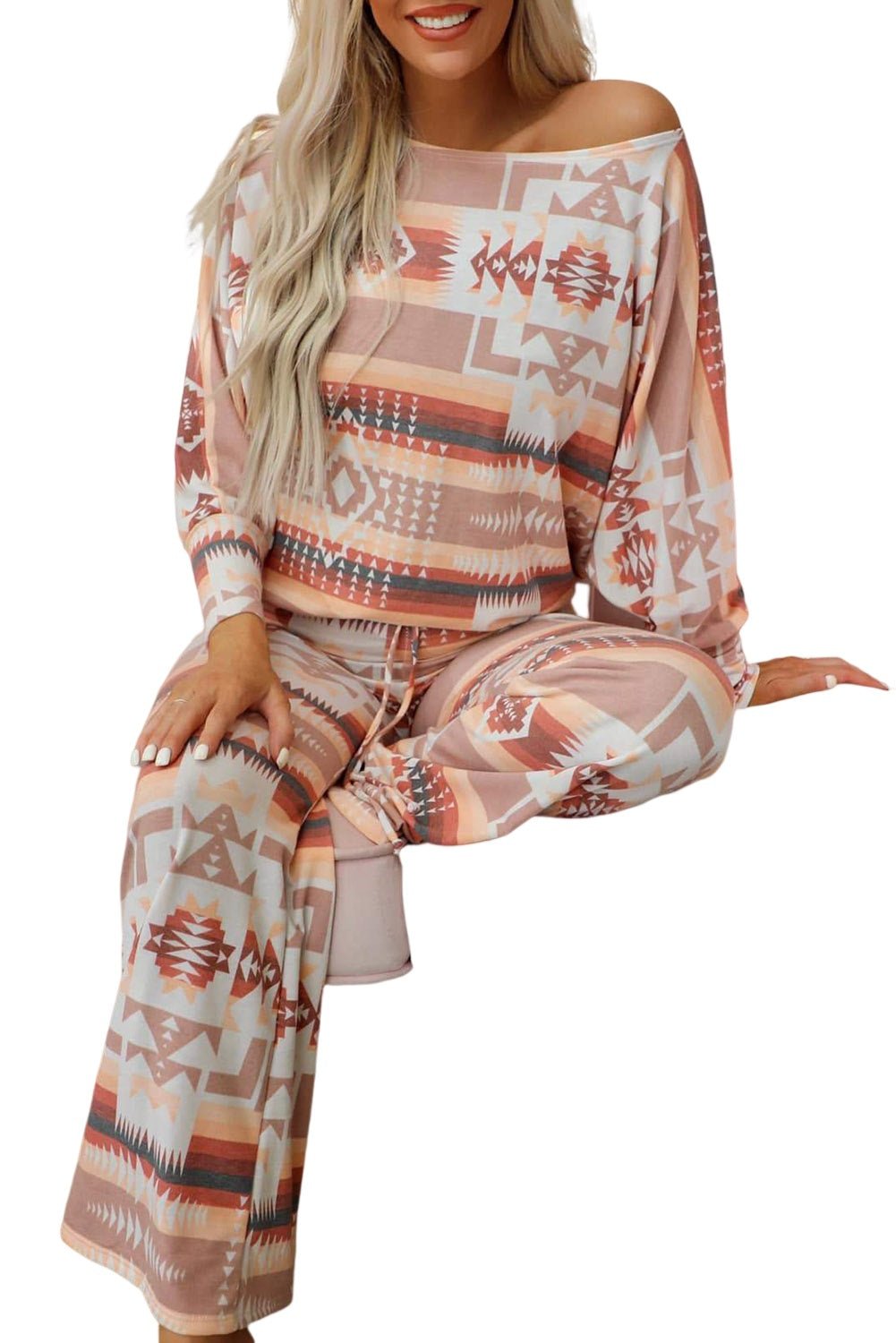 Multicolour Geometric Print Puff Sleeve Pullover and Pants Lounge Outfit - Hero 'n Siren