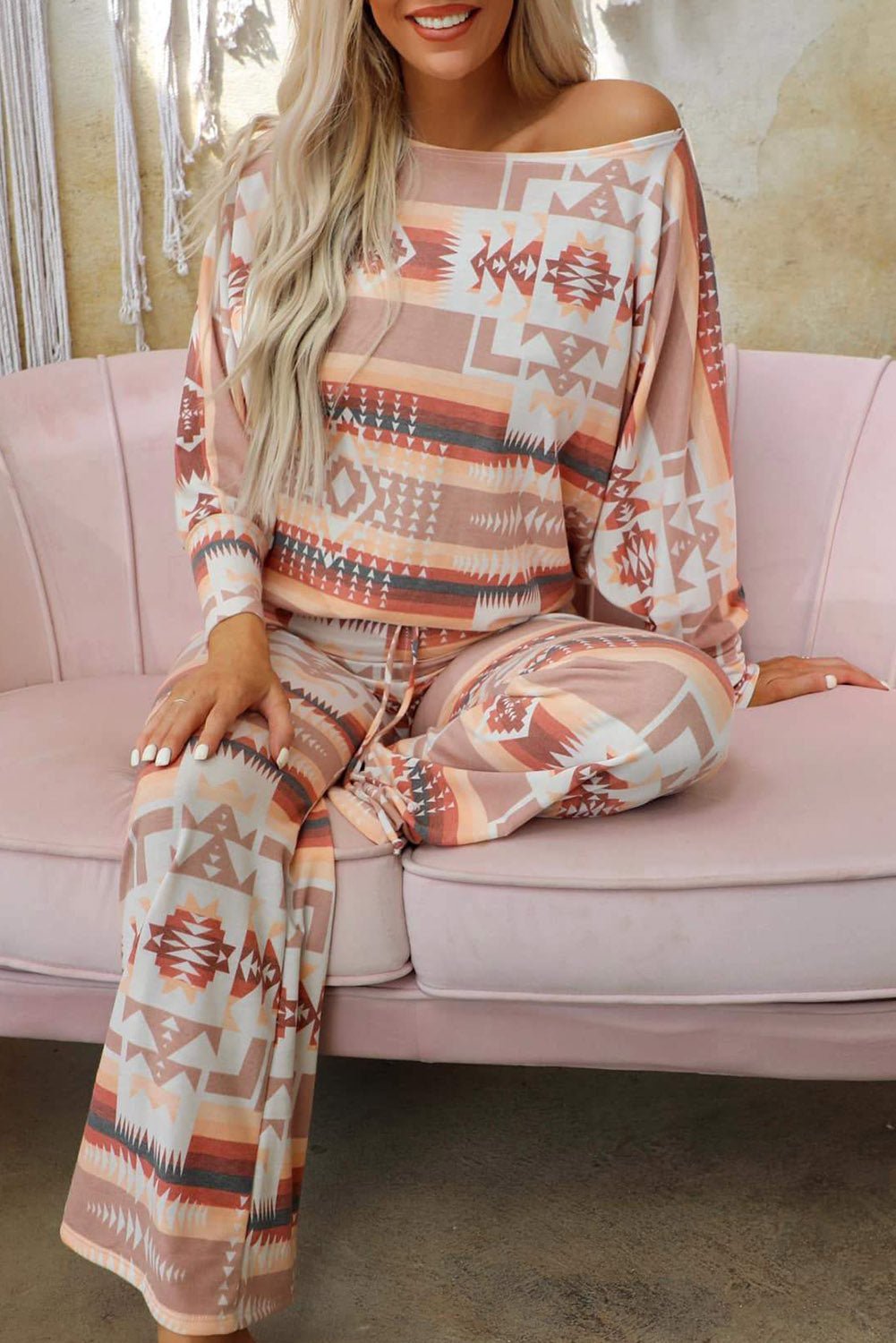 Multicolour Geometric Print Puff Sleeve Pullover and Pants Lounge Outfit - Hero 'n Siren