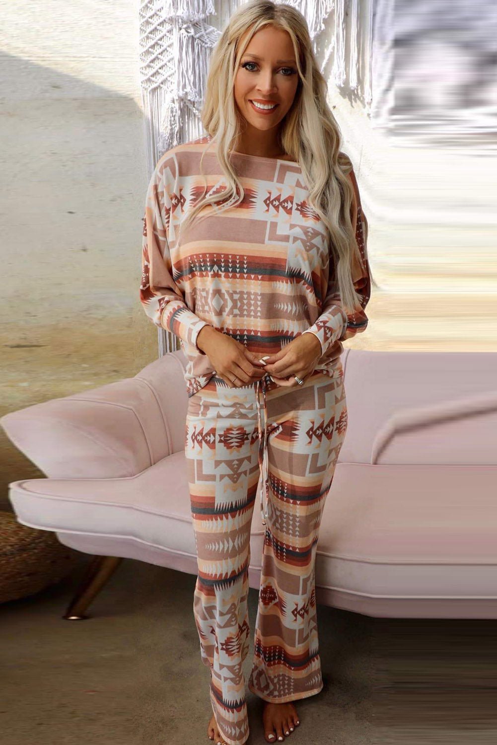 Multicolour Geometric Print Puff Sleeve Pullover and Pants Lounge Outfit - Hero 'n Siren