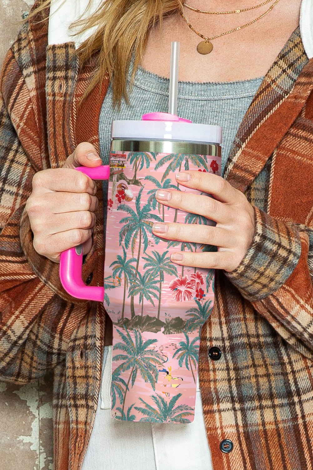 Rose Red Tropical Trees Print Stainless Steel Tumbler 40oz - Hero 'n Siren