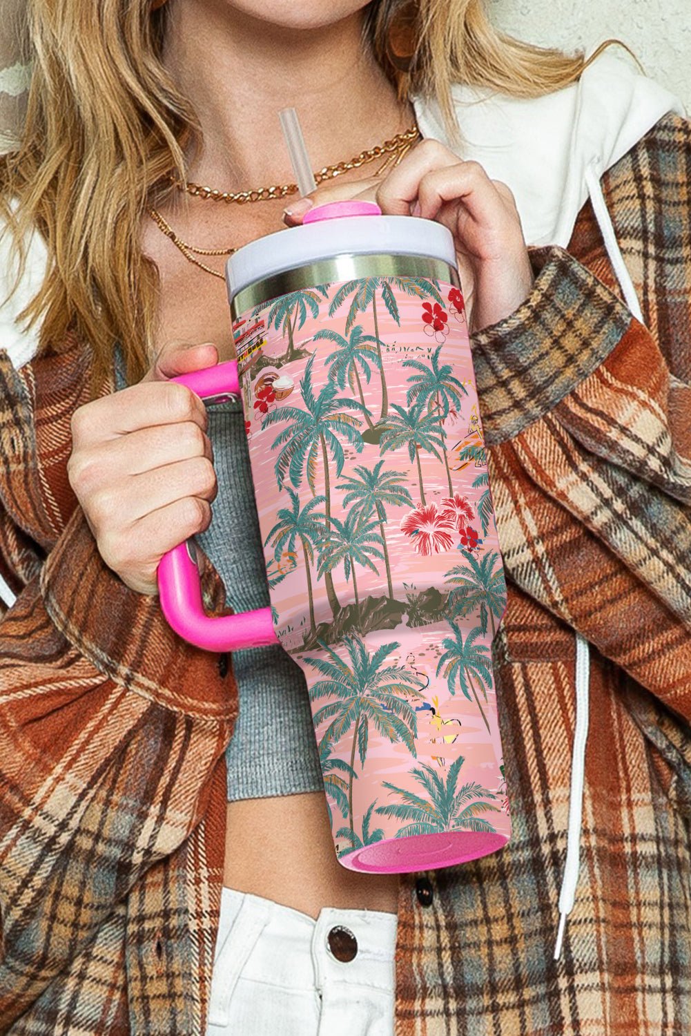 Rose Red Tropical Trees Print Stainless Steel Tumbler 40oz - Hero 'n Siren