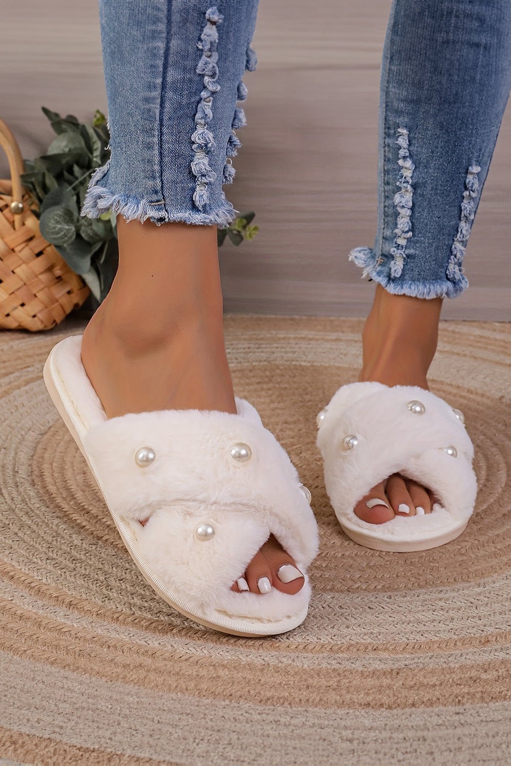 White Pearl Decor Criss Cross Plush Slippers - Hero 'n Siren